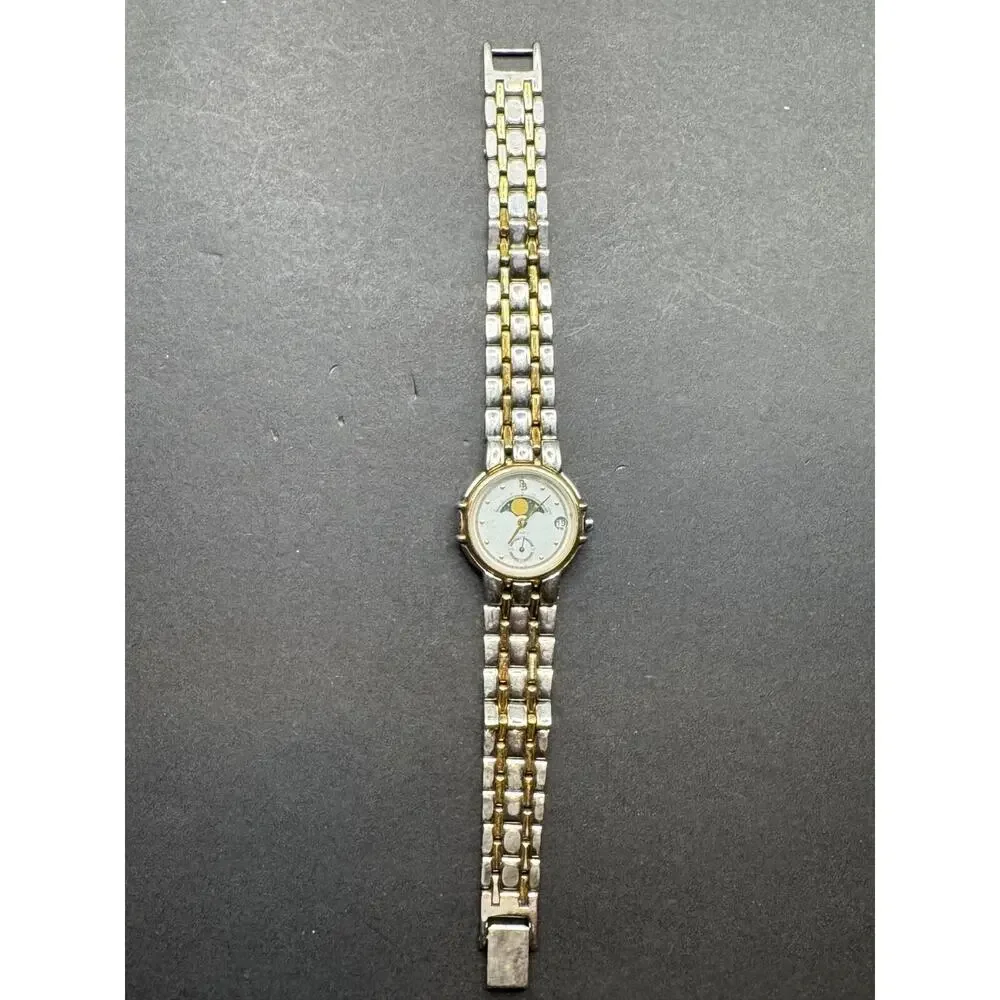 Vintage PB Quartz Moon Phase Date Two Tone Stainless Steel Watch 5ATM